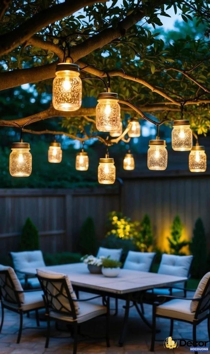 Đèn trang trí ngoài trời chiếu sáng nhẹ nhàng cho hiên nhà.