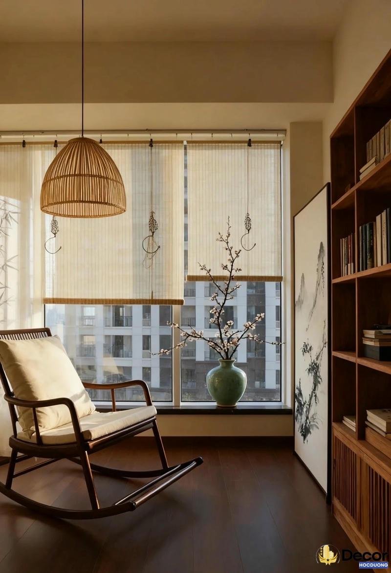 Trang trí mành tre giúp điều hòa ánh sáng tự nhiên.