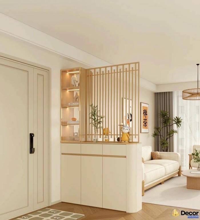 Vach ngan trang tri phong khach hoan thien bo cuc can phong.