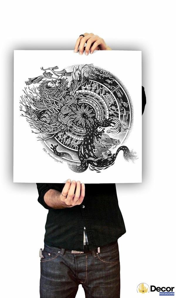 thảm trang trí với họa tiết trống đồng đen trắng