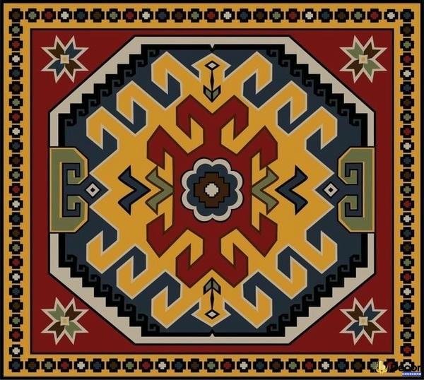 thảm trang trí với họa tiết trống đồng đỏ đen