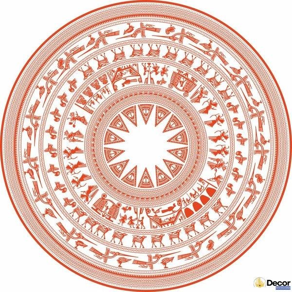 thảm trang trí với họa tiết trống đồng đỏ trắng