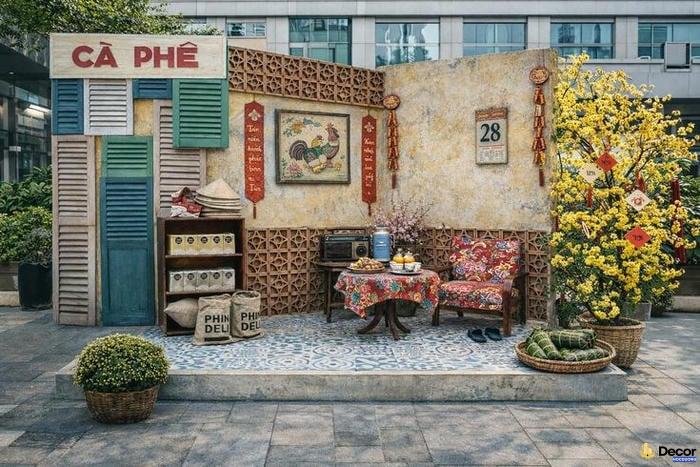 trang trí gian hàng tết với nón lá
