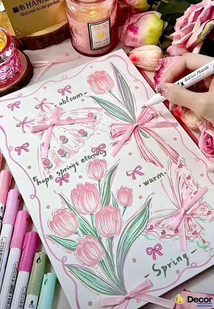 trang trí giấy a4 cute ho màu hồng