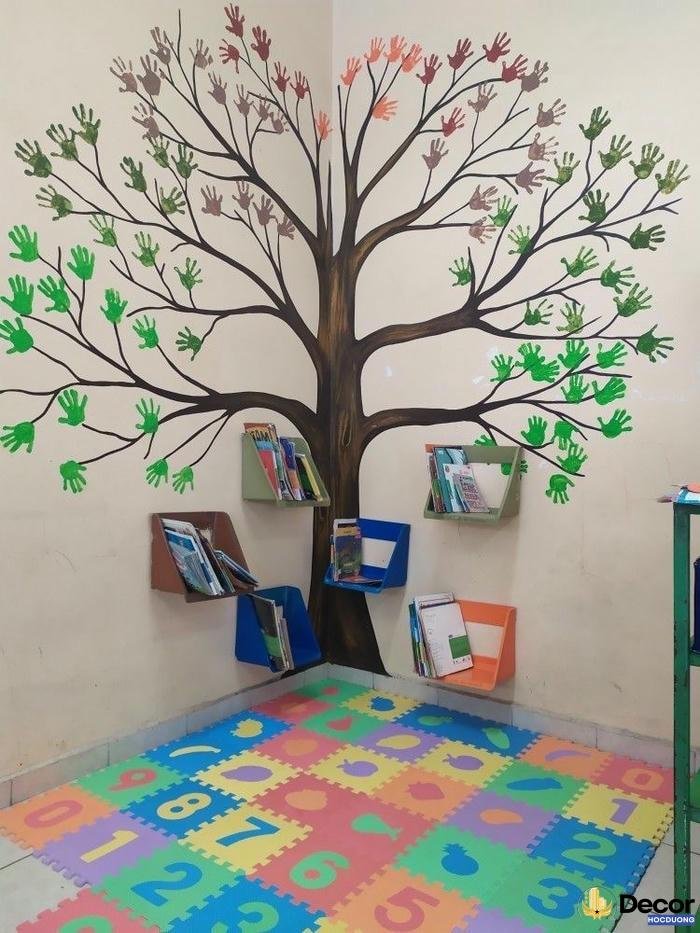 trang trí góc thư viện vẽ cây