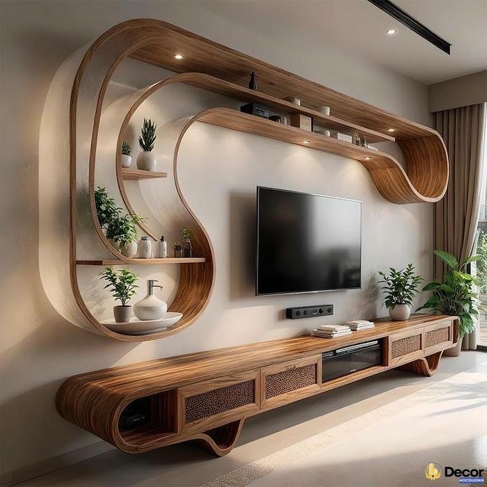 trang trí kệ tivi phòng khách bằng cây xanh