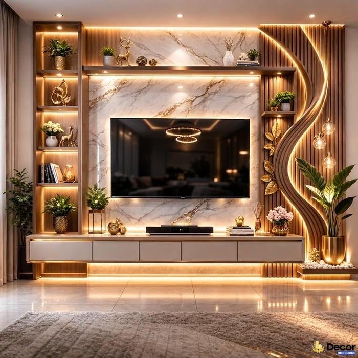 trang trí kệ tivi phòng khách bằng đồ decor