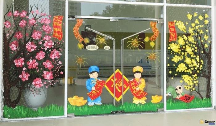 trang trí lớp học ngày tết trên của kính