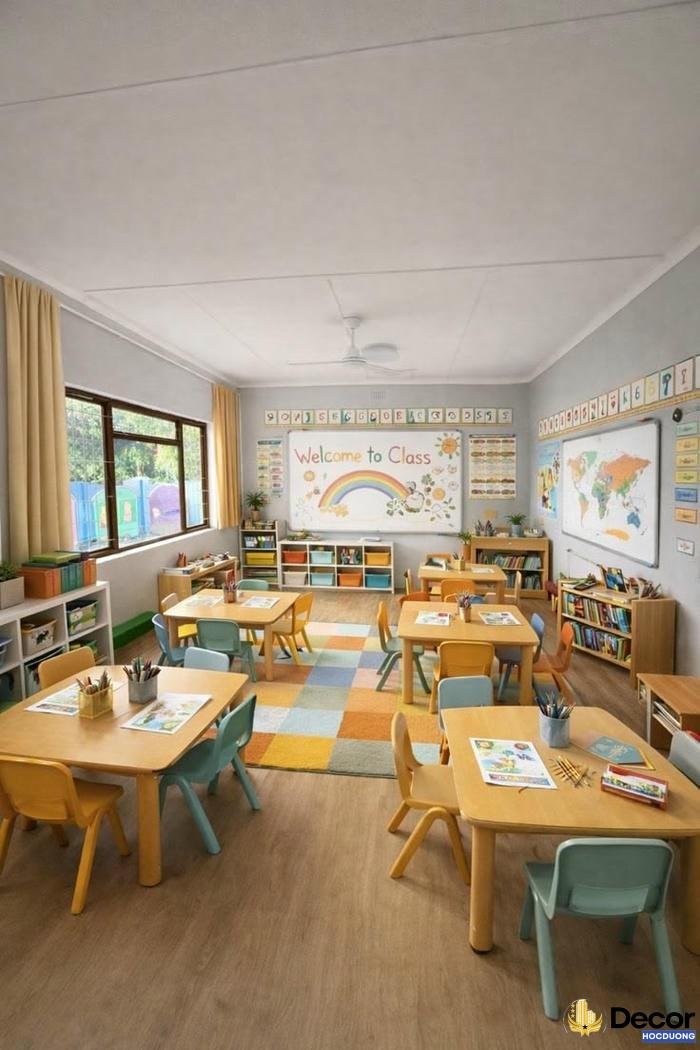 trang trí lớp học tiểu học nhiều màu sắc