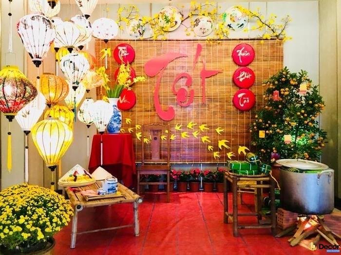 trang trí mành tết với đèn lồng đỏ