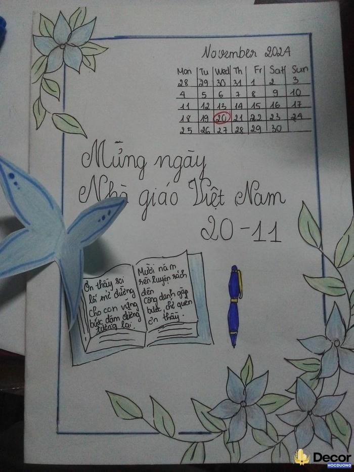 trang trí thiệp 20 tháng 11 bằng hoa giấy