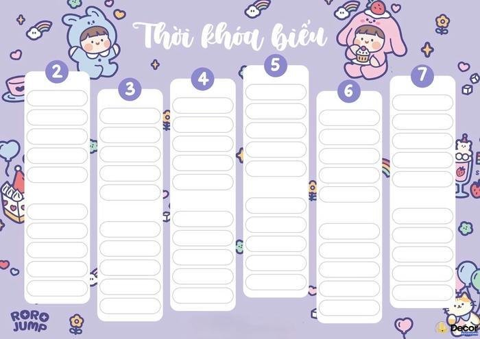 trang trí thời khóa biểu cấp 2 nền tím