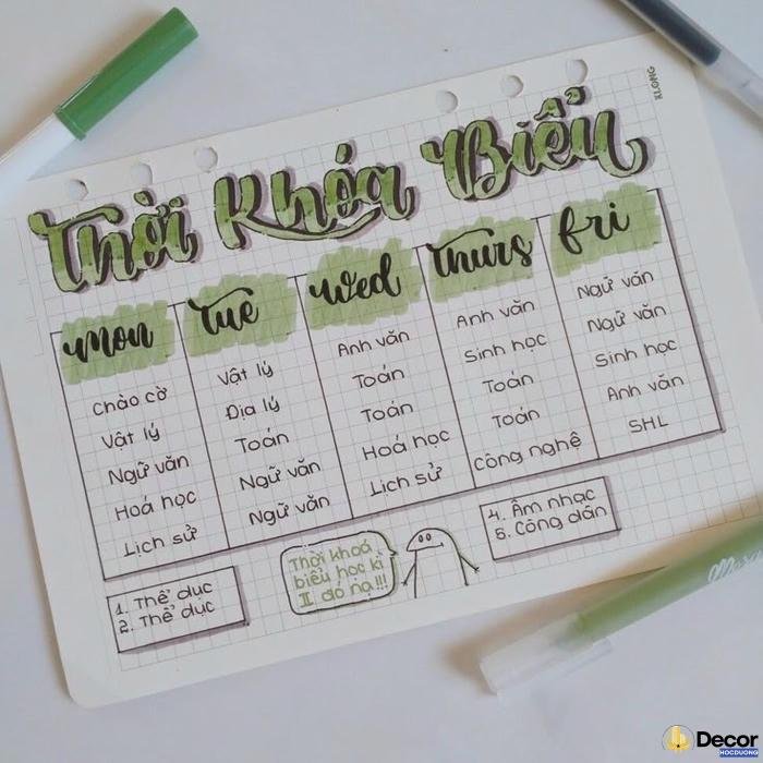 trang trí thời khóa biểu nhiều màu sắc