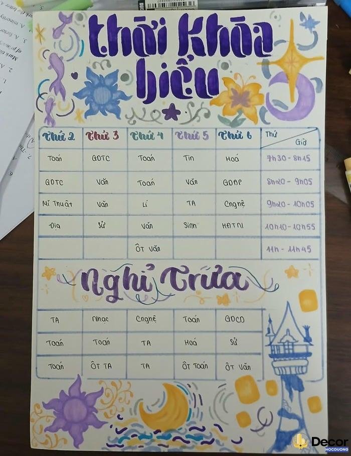 trang trí thời khóa biểu phong cách học đường