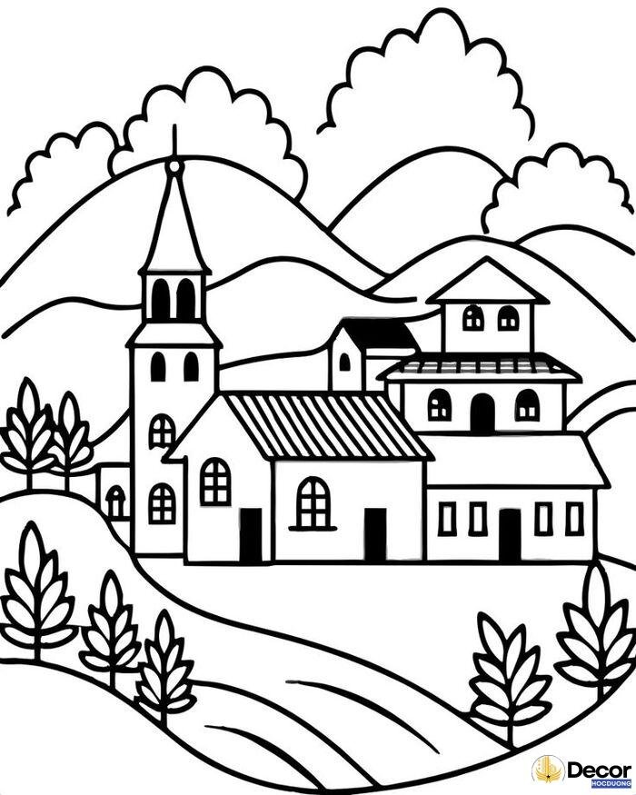 tranh tô màu hình ngôi nhà siêu đáng yêu