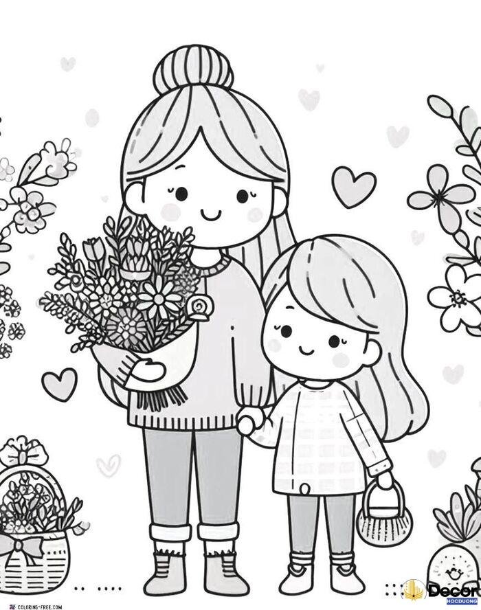 tranh tô màu ngày 83 mẹ con cực xinh