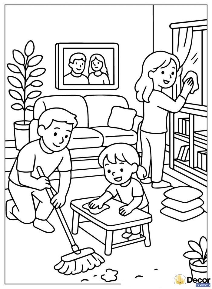 Tranh tô màu gia đình dễ thương