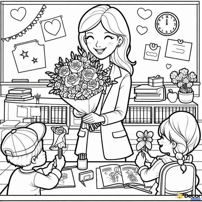 tranh tô màu cô giáo đứng lớp