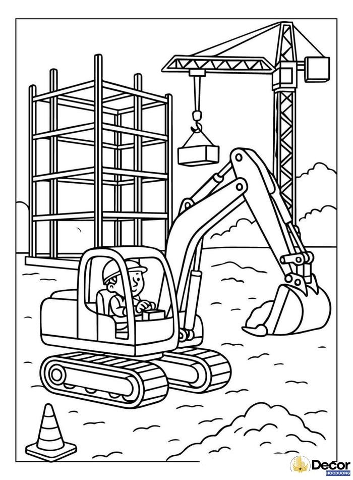 tranh tô màu máy xúc dễ thương