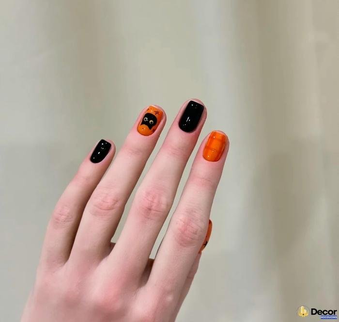 mẫu nail màu cam thạch nét