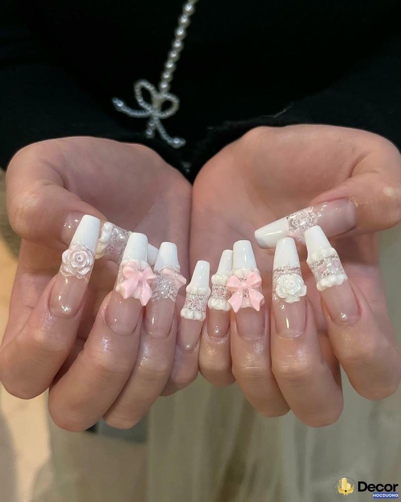 nail trắng phối kim tuyến lấp lánh hd