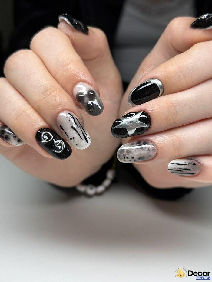 nail trắng đen cool ngầu đẹp