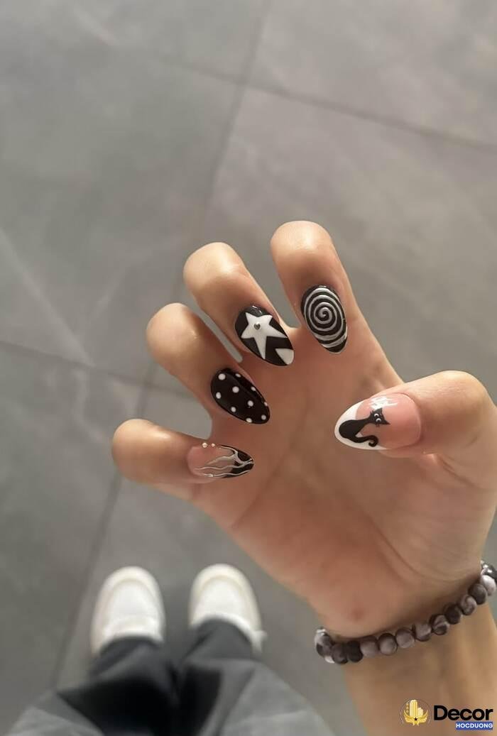 nail trắng đen slay chất
