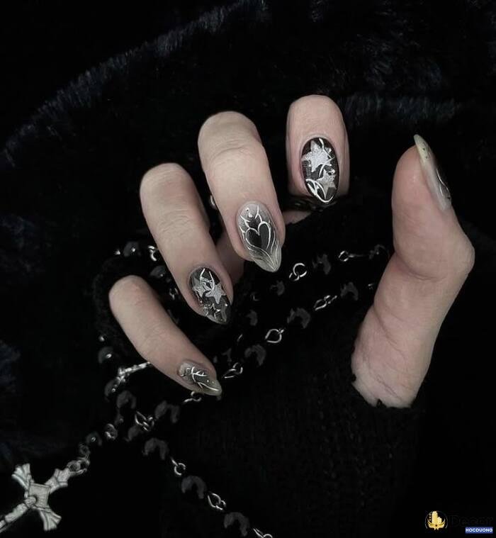 nail trắng đen slay ngầu